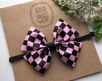 Pink Checker Flag Hair Bow Racing Headband Available in Newborn to Adult size 3 inch Hair Bow Band for Babies and Girls