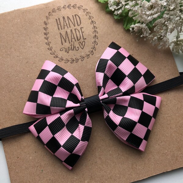 Pink Checker Flag Hair Bow Racing Headband Available in Newborn to Adult size 3 inch Hair Bow Band for Babies and Girls