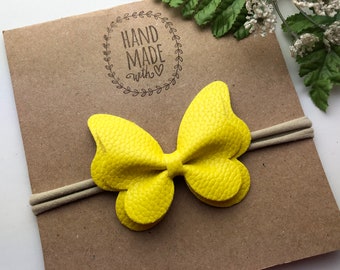 Yellow faux Leather Butterfly Headband ,  Yellow Baby Nylon Headband ,  Yellow Baby Headband , Yellow Butterfly Bow Band , Yellow Headband