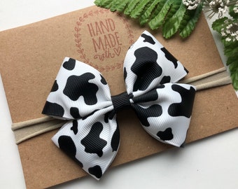 Cow Baby Headband , 3” Cow Print Nylon Hair Bow Headband ,  Cowgirl Hair Bow for a Cowgirl Birthday