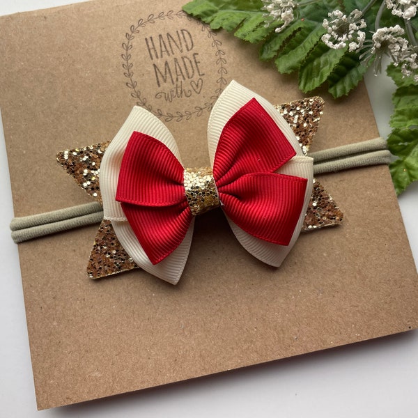 Christmas Baby Headband , Ivory Red and Gold Glitter Baby Bow , First Christmas Baby Headband , Christmas Nylon Headband