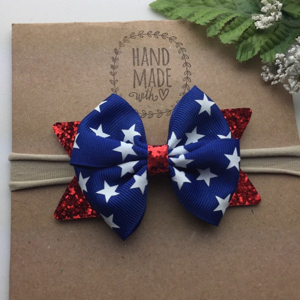 Fourth of July Baby Headband , Baby’s First 4th of July Headband , Stars and Glitter Baby Headband , Nylon Baby Headband , 4th of July Bow