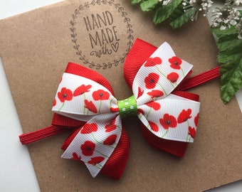 Poppy Headband Bow for Babies or Girls , Cute 3” Red White and Green Flower Hair Bow Newborn - Adult sizes