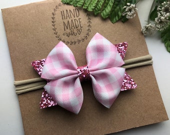 Pink Gingham Baby Headband ,  Pink Baby  Headband , Glitter Baby Headband , Nylon Baby Headband , Cute Baby Hair Bow