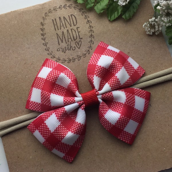 Red Gingham Baby Bow Headband , 3” Cranberry Red Gingham Hair Bow Band for Babies and Toddlers , Super Soft Nylon Headband