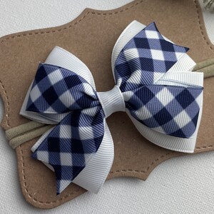 Navy Blue Gingham Baby Headband – 3” Bow on Soft Nylon Band | Blue Baby Bow, Gingham Baby Bow