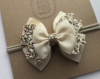 Ivory and Gold Glitter Bow on Soft Baby Nylon Headband – Newborn to toddler