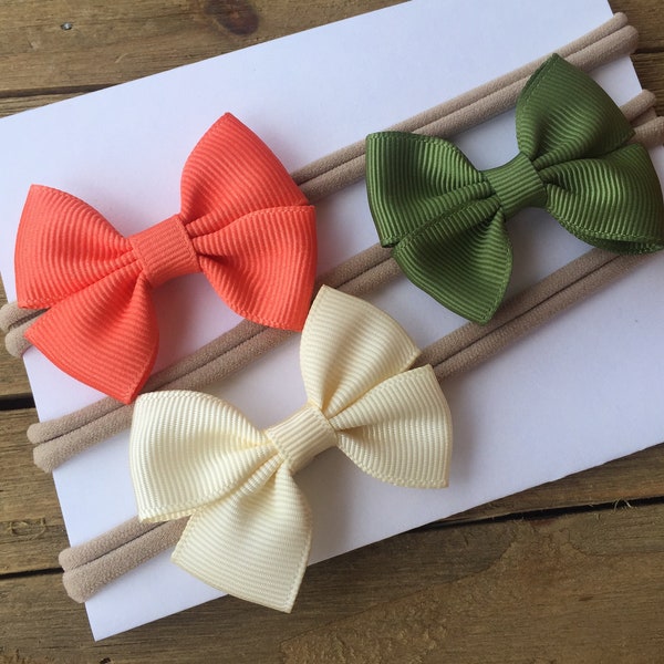 Summer Safari baby headband set , living coral ivory and sage green , nylon baby headband set , 2" baby hair bows , small bow headbands