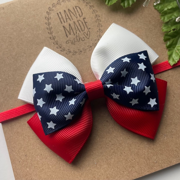 Red White and Star 4th of July Headband , Holiday Headband , Newborn to Adult size , 4th of July Baby Bow , Red White and Blue