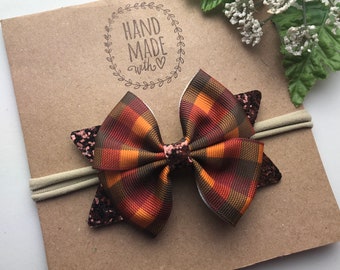 Thanksgiving Headband , Beautiful 3” Fall Plaid Baby Bow , Glitter Baby Plaid Hair Bow  ,  Nylon Headband.