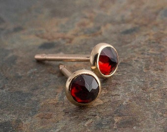 Red Garnet Post Stud Earrings 3mm, Gold Filled Piercing, Minimalist Handmade Jewelry