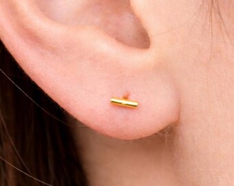 Gold T Bar Stud Earrings 5x1.3mm, Tiny Handmade Stick Posts, Minimalist Jewelry