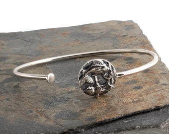 Sterling Silver Fish Cuff Bracelet, Dual Skull Design, Handmade Minimalist Stackable Jewelry
