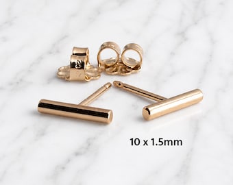 Gold Bar Earrings, Tiny Goldfilled Studs, Minimalist Line Jewelry, Handmade 10mm 14 GA