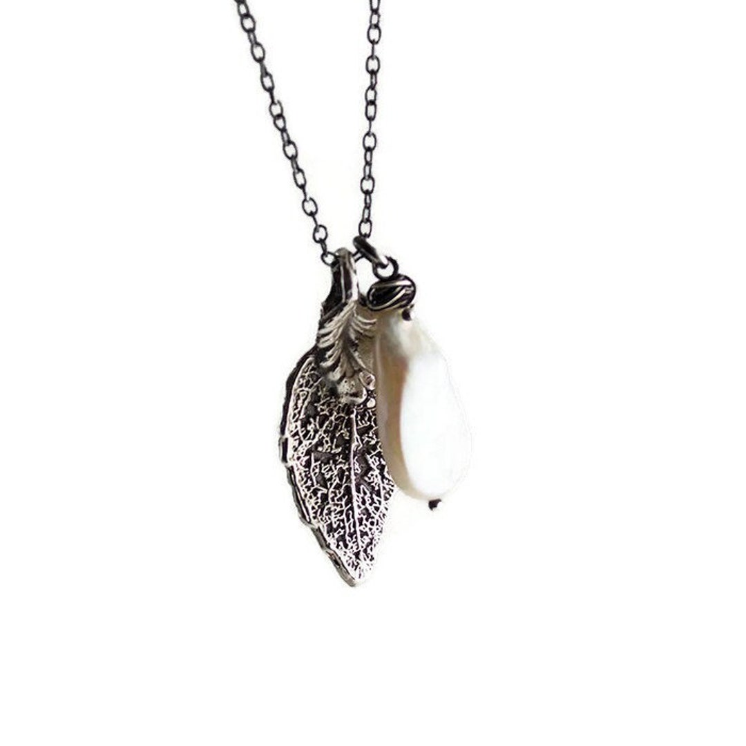 White Pearl and Leaf Necklace, Silver Necklace, Pearl Charm Long Lariat ...