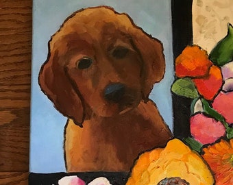 Puppy painting, flower painting, still life, canvas art, food art, plums, lemons, dog painting, US artist