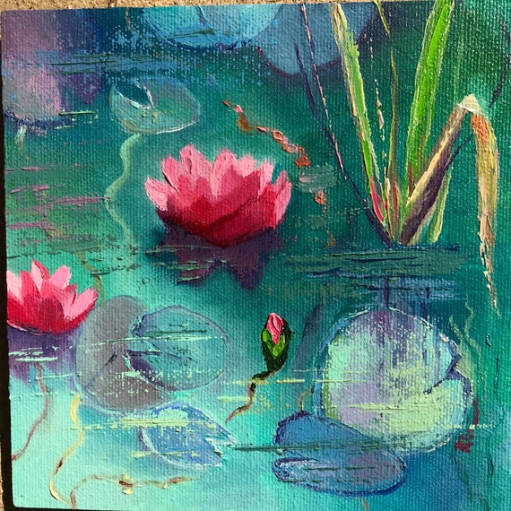 Water Lilies Art, Original Oil Painting, Tiny Still Life, Small Art Water Lilies
