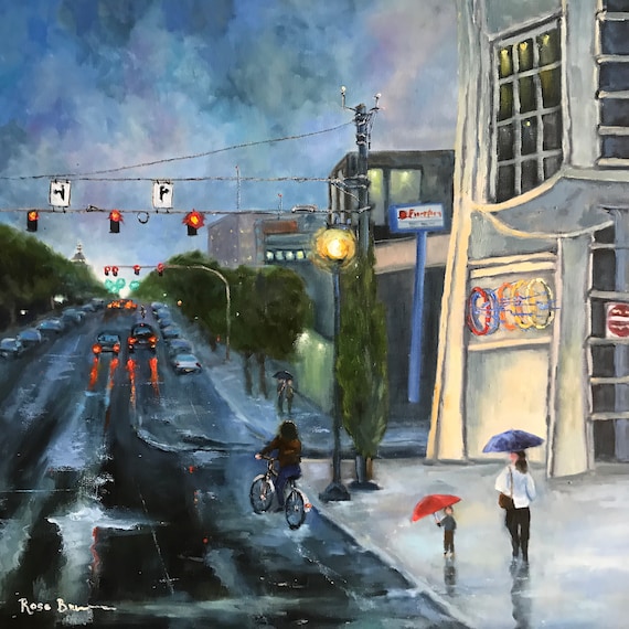 Cityscape, Indiana city, Bloomington painting, large canvas painting, nocturne, transportation painting