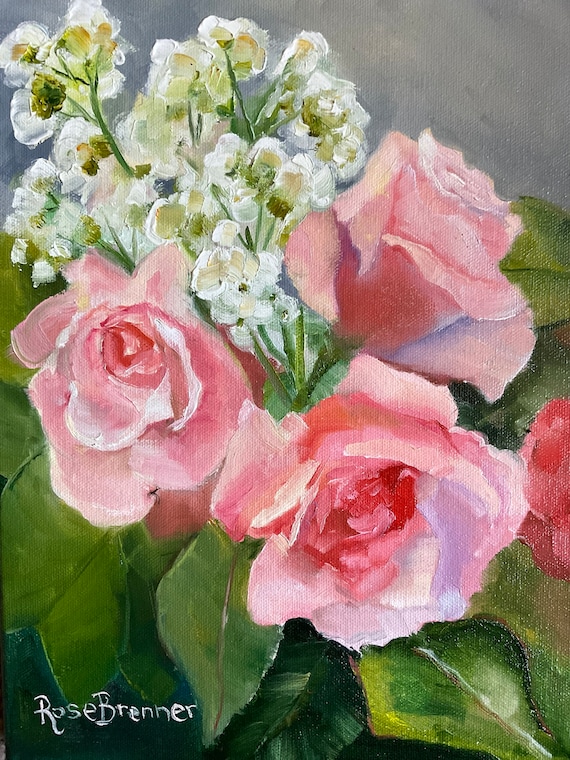 Rose painting, rose bouquet, pink roses, flower painting, Victorian art, bathroom decor, floral home decor
