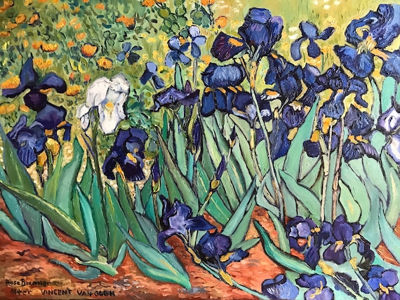 Irises, Van Gogh Iris, Van Gogh style, Flower Painting, Oil canvas painting, iris, irises, blue flowers, purple flowers