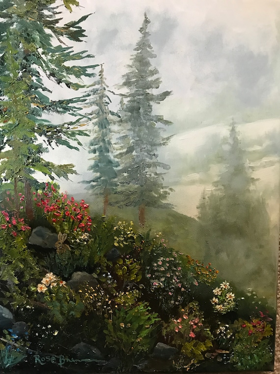 Foggy original canvas oil painting, meadow mountain fog Landscape, misty mountain wildflowers office art, bedroom bathroom grey fog