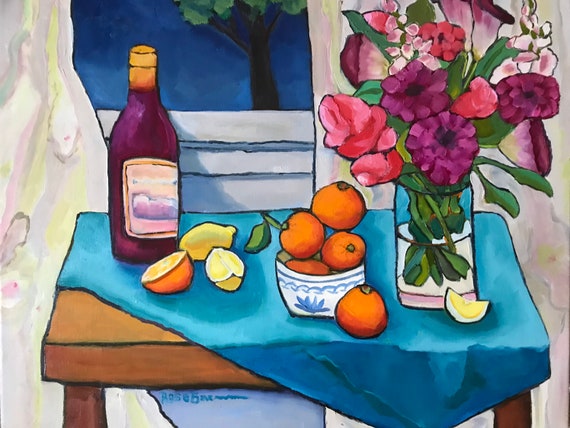 Wine painting, still life, flower painting, vibrant art, Van Gogh style art, food art, abstract style painting