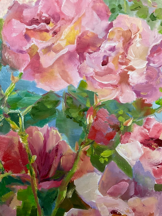pink rose original canvas oil painting, office bedroom decor, Victorian cabbage rose art, pastel floral wall decor, US artist red fuchsia