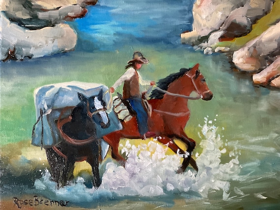 Cowboy painting, horse painting, Western art, backpacking, wall decor, canvas painting, Landscape Painting