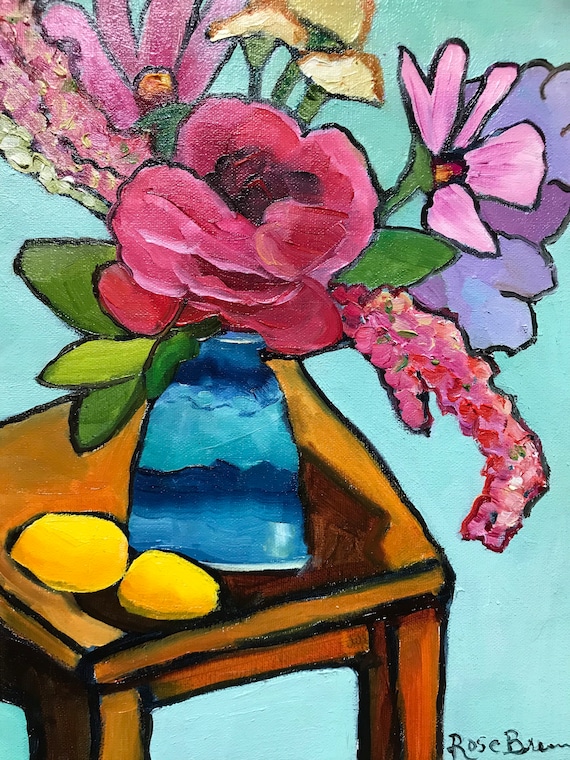 Flowers, canvas original painting, blue vase, still life, Van Gogh style, abstract painting, white flowers, pink flowers,