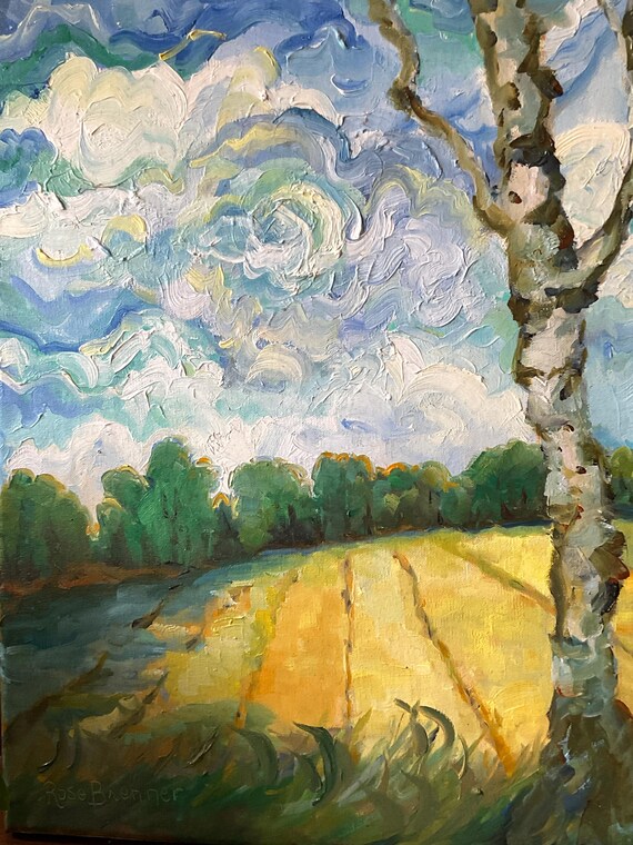 Van Gogh style art, Indiana US canvas painting, rural hayfield sycamore, Van Gogh sky, rural art for offices, landscape wall decor