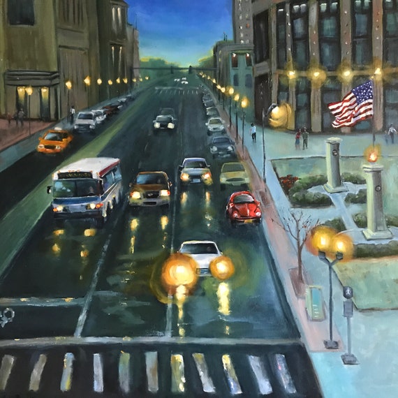 Cityscape Lexington original oil canvas painting cars nocturne extra large art mantle office decor