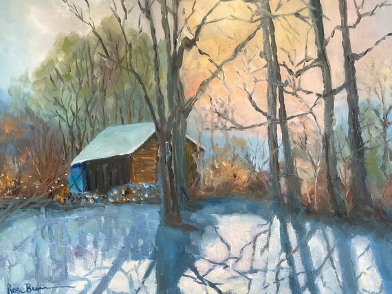 Snow sunrise wall decor, Large Landscape Painting, Rustic Field Scene, Monet style, sun shadows, original canvas Oil Painting