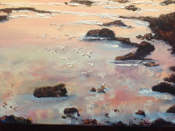 Ocean Painting, Large Painting, Coastal Tide Pool, Beach Painting, Seagull, Gifts for her