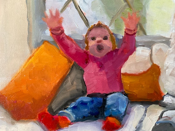Child painting, dog painting, baby art, nursery gift, baby painting, child and dog, nursery painting, wall decor