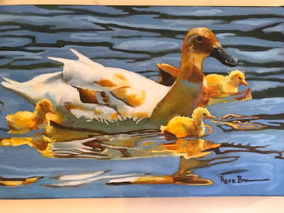 Bird Painting, ducks, duck painting, chicks, realism, spring birds, realism painting, cobalt blue, ducklings