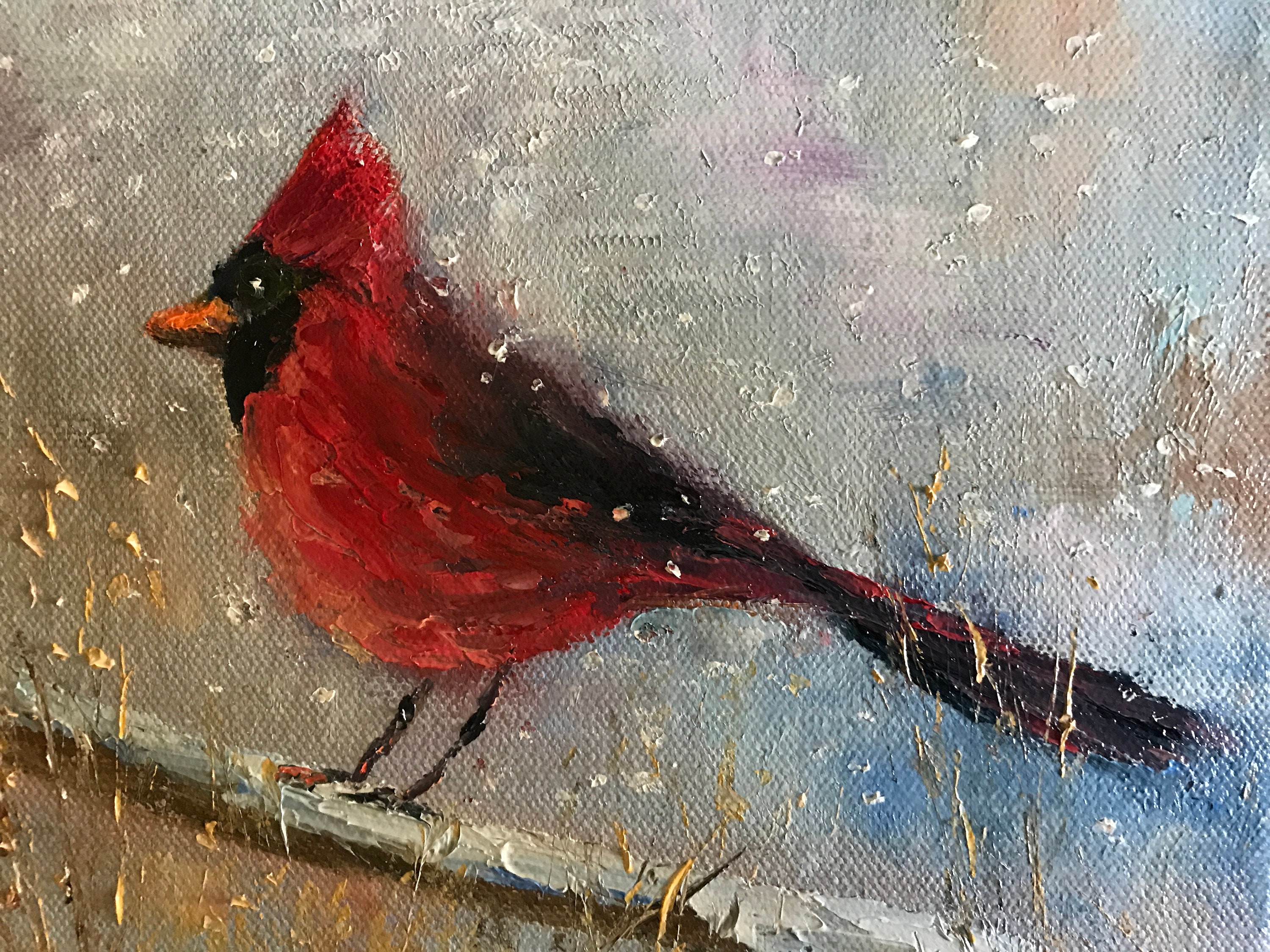 Bird Painting, Red Cardinal, Small Oil Painting, Bright Red, Country Rustic Art