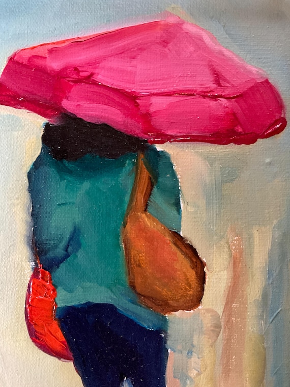 Rainy day painting, City Nocturne, Small Oil Painting,  Rain Painting, Umbrellas, Tiny Art
