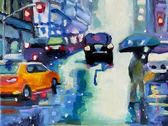 City painting, taxis, cityscape, City painting, rainy painting, umbrella, canvas painting, wall decor, abstract city, snow