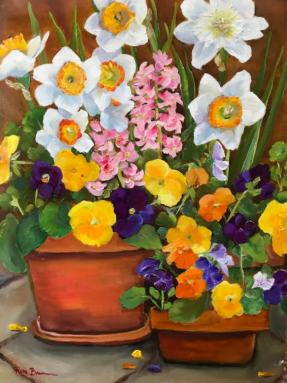 Flower Painting, spring flowers, Still Life, pansies, daffodils, Bedroom Decor, Living Room Art, floral home decor