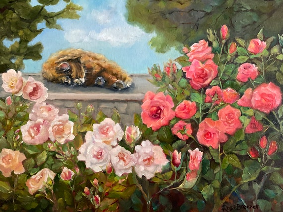 Rose original canvas oil painting, ginger cat office decor, Victorian rose garden, bedroom art earthy colors