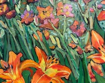 油絵アート（orange flower） Orange Lily, Orange Flower Drawing, Oil Pastel Flower