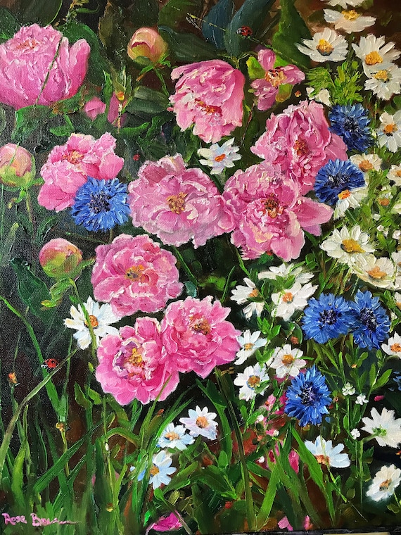Flower garden original oil painting extra large canvas peonies daisies and coneflowers, gift ideas for moms bedroom decor