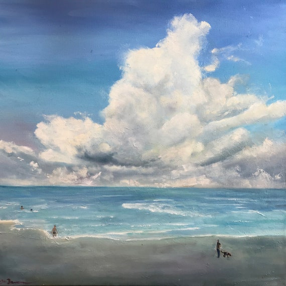 Beach Painting, Cloud Decor, Extra Large Painting, Sky Painting Art, Waterscape