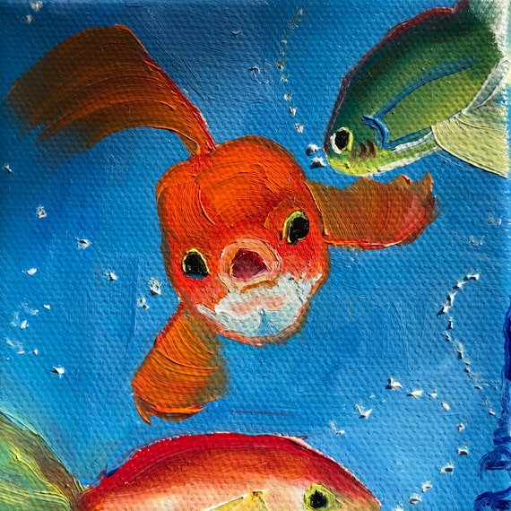 Fish painting, goldfish, fish bowl, Small Oil Painting