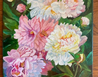 Peony painting, flower painting, summer art, office decor, peonies, pink roses