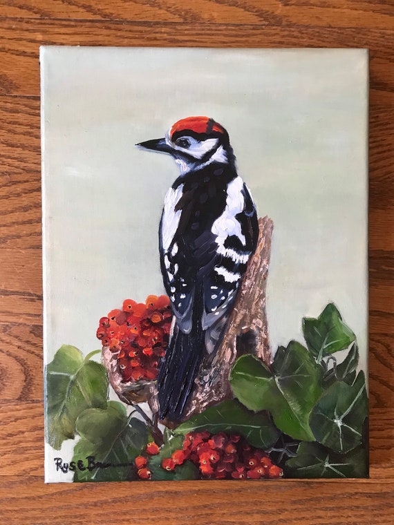 Bird Painting, woodpecker, black and white, red bird art, sage green