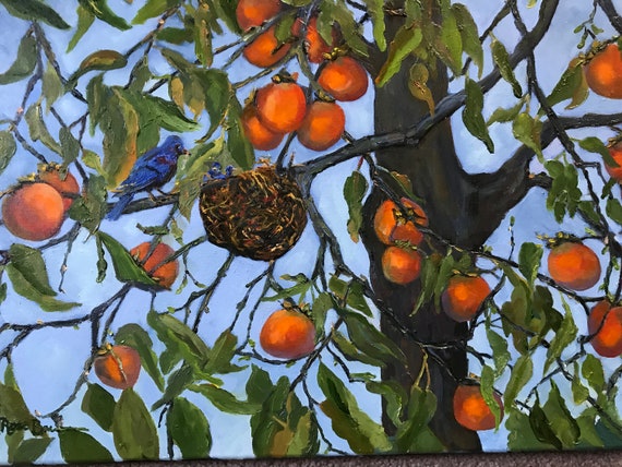 Bird Painting, Extra Large Painting, Persimmon Painting, Indiana Art, Midwest painting, bird lover art, wall decor