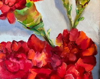 Red carnations, red flowers, canvas painting, floral wall art, bathroom art, bedroom painting, bouquet gift