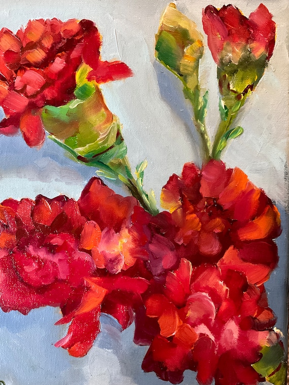 Red carnations, red flowers, canvas painting, floral wall art, bathroom art, bedroom painting, bouquet gift