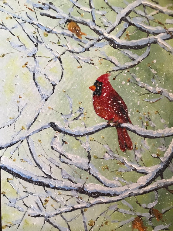 Bird Painting, Cardinal, Spring Art, Tree Painting, snow painting